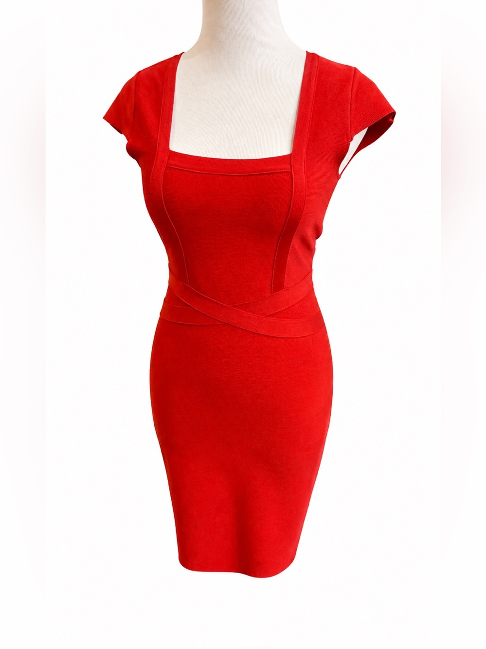 bebe Red Square-Neck Midi Bodycon Dress XS